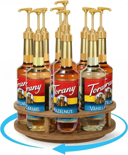 Vista 9 de THYGIFTREE Organizador giratorio de jarabe de café con 7 botellas, soporte de botellas de jarabe de madera para mostrador, soporte para barra