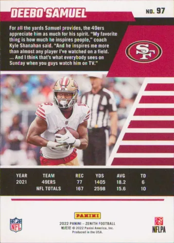 Vista 2 de 2022 Panini Zenith Retail #97 Deebo Samuel San Francisco 49ers Football Card - GotBaseballCards