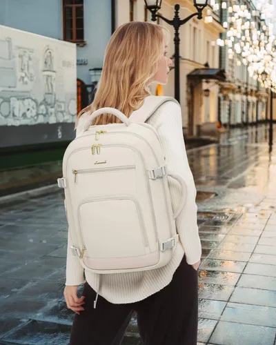 Vista 2 de LOVEVOOK Mochila de viaje para mujer y hombre, Beige, Mochilas de viaje