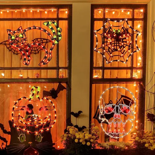 Vista 5 de LAMPHOME Decoraciones de Halloween – Silueta de ventana, linterna iluminada, telaraña, calavera, gato para fiesta, hogar, interior, adornos de mesa