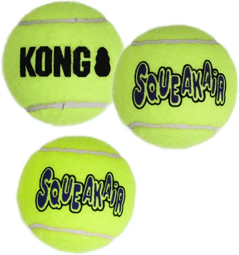 Vista 8 de KONG - Pelotas Squeakair (paquete de 6) - Pelotas de tenis chirriantes de primera calidad, suaves con los dientes - para perros medianos