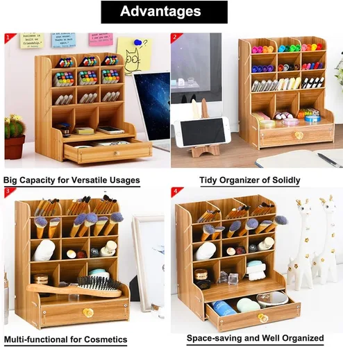 Vista 6 de Organizador Marbrasse de madera para escritorio, portaplumas multifuncional de bricolaje, organizador para escritorio, papelería de escritorio