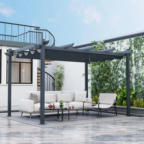 Vista 13 de Tangkula Pérgola de 10 x 12 pies, pérgola de aluminio resistente para exteriores con toldo retráctil, pabellón de refugio de patio extragrande