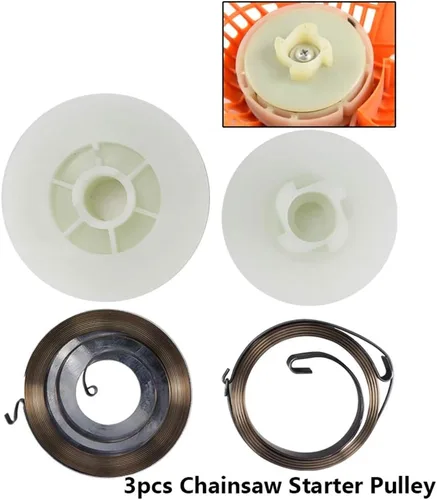 Vista 6 de 3 piezas de motosierra eléctrica Polea de arranque fácil con 2 resortes Fit motosierra 4500 5200 5800 45cc 52cc 58cc motosierra piezas de repuesto