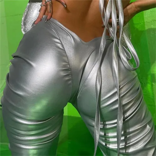 Vista 7 de LROSEY Pantalones metálicos para mujer, hipster, de piel sintética, con cintura en V, apilados, Metálico