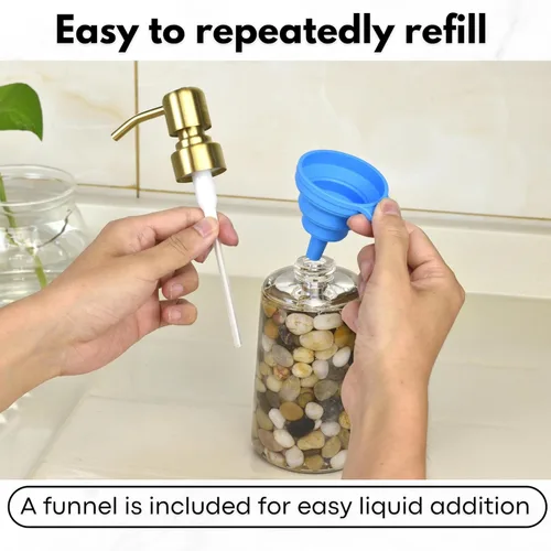 Vista 5 de Dispensador de jabón recargable hecho a mano para baño y cocina, dispensador de jabón de piedra Rocks con bomba de acero inoxidable dorado