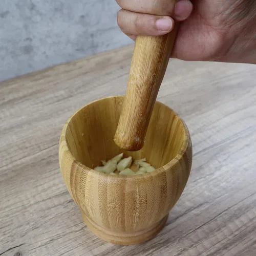 Vista 6 de EIKS - Mortero de bambú con tapa, cuenco triturador de condimentos