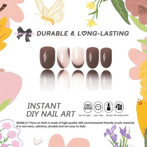 Vista 2 de Uñas postizas cortas a presión, uñas postizas de otoño con punta francesa, color marrón, cobertura completa, con diseños de remolinos marrones, uñas