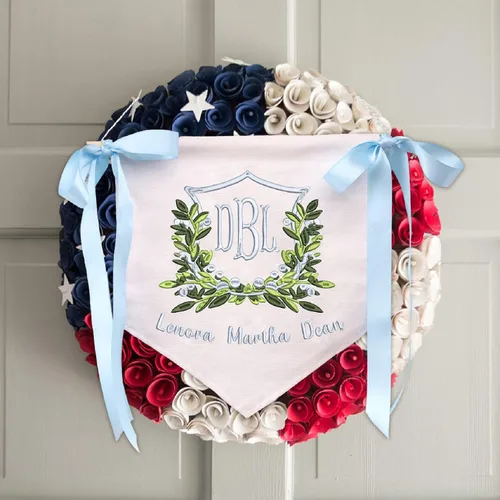 Vista 4 de Letrero personalizado de bienvenida para bebé, bandera bordada con nombre, letrero para puerta de hospital de bebé, con lazos, decoración de baby