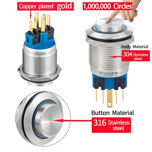 Vista 4 de Interruptor de botón de 0.866 in con cierre redondo alto impermeable IP67 de acero inoxidable 304 con luz LED de 110 V 120 V CA para 7/8 pulgadas