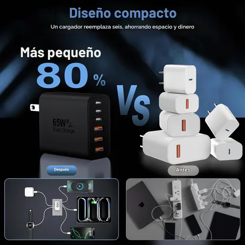 Vista 7 de Bloque de carga USB C, 65 W, 6 puertos, bloque de carga USBC, cargador de pared, cargador de iPhone, carga rápida, multipuerto tipo C, PD+QC Negro