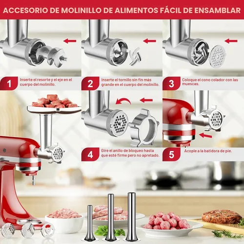 Vista 5 de Accesorio para picadora de carne para batidora de pie KitchenAid, picadora de carne para KitchenAid, incluye 3 accesorios para embutir salchichas