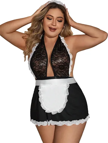 Vista 5 de WDIRARA Conjunto de lencería de encaje floral para mujer, talla grande, vestido con diadema
