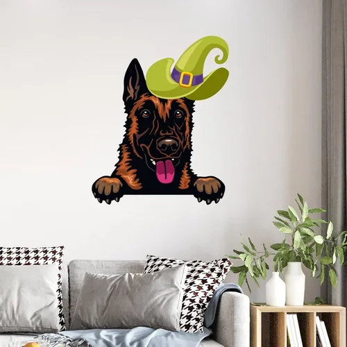 Vista 3 de Calcomanías de pared de Halloween con diseño de brujas y malinois, calcomanías de Halloween con texto en inglés "Happy Halloween" para decoración