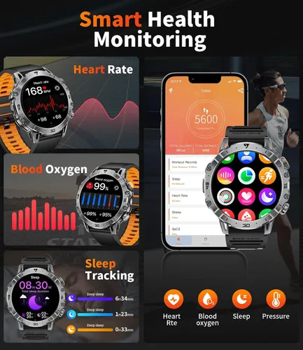 Vista 4 de Reloj Inteligente Militar para Hombres (3 Bandas), Relojes Inteligentes con Pantalla HD Grande de 1.7" y 1000mAh con Linterna LED para Android iOS