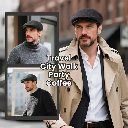 Vista 14 de Hombres Mezcla de Lana Ivy Newsboy Gorra Tweed Gatsby Cabbie Flat Hat