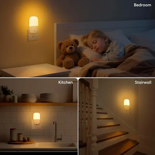 Vista 3 de Luz nocturna LED enchufable, paquete de 2 luces nocturnas regulables con sensor de atardecer a amanecer y enchufe retráctil y 3 brillo ajustable