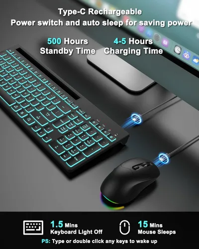 Vista 3 de Combo de teclado y mouse inalámbricos, 7 efectos retroiluminados, letras iluminadas, recargable, soporte para teléfono, mouse de 6 botones, ángulo