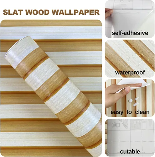 Vista 2 de Papel tapiz de listones de madera natural, decoración de pared de Madera natural alterna amarillo y blanco