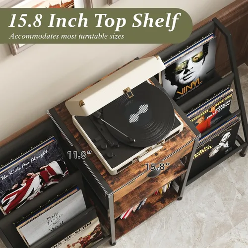 Vista 4 de Soporte para tocadiscos con cajón, mesa para tocadiscos con almacenamiento de discos de vinilo de hasta 280 álbumes, soporte giratorio con estante