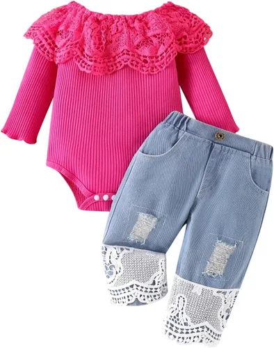 Vista 10 de Conjunto de ropa de bebé niña para bebé, mameluco de encaje blanco de manga larga + pantalones de mezclilla