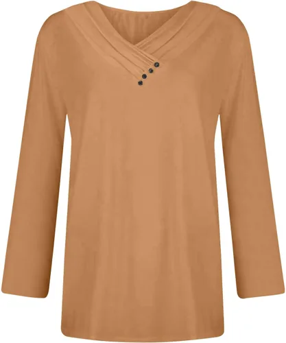 Vista 2 de Camiseta de manga larga con cuello en V y botones para mujer, con panel en el pecho, color liso, sin botones