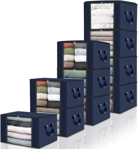 Vista 31 de Fab totes Paquete de 3 bolsas de almacenamiento plegables de tela gruesa, contenedores para organizar dormitorio, armario, ropa, edredón, Beige