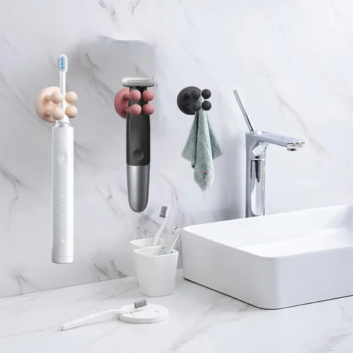Vista 2 de 4 soportes para cepillos de dientes autoadhesivos impermeables de silicona, multifunción, montado en la pared, soporte para enchufe de un solo