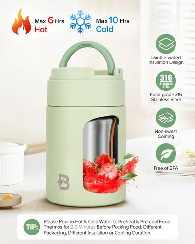 Vista 2 de Termo para alimentos calientes, recipiente de alimentos aislado de boca ancha de 17 onzas con cuchara y asa, lonchera caliente de acero inoxidable