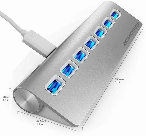 Vista 2 de Achoro Hub USB 3.0 de 7 puertos, expansor de puerto USB de aleación de aluminio triangular, divisor USB de alta velocidad para computadora, PC