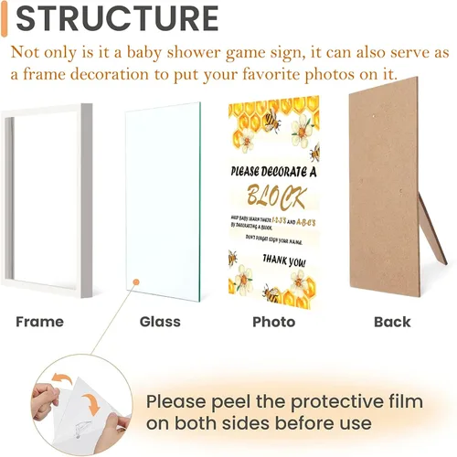 Vista 3 de Kit de decoración de bloques de madera para baby shower, juego de manualidades con temática de abeja 45 cubos de madera en blanco y 24 pinturas