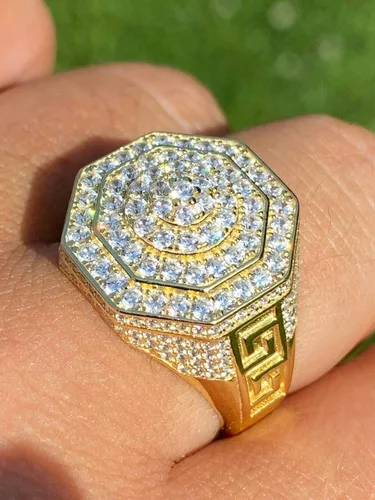 Vista 2 de Men's Real Solid 925 Sterling Silver Octagonal Hip Hop Ring - 14k Gold Plated - Super Iced Large Flooded Out Pinky Ring - Sz 7-13