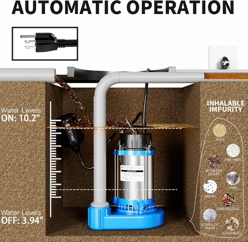 Vista 4 de FOTING 1HP 6000 GPH Bomba sumergible de aguas residuales/efluentes – Hierro fundido resistente – Bomba séptica de 115 V para cuenca de sumidero
