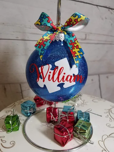 Vista 3 de Adorno de Navidad personalizado con purpurina para autismo, regalo con nombre Aspergers, profesor, educación especial, trastorno del espectro