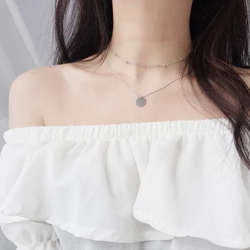 Vista 5 de Gargantilla con dije de disco en capas para mujeres y niñas, plata de ley 925, oro de 18 quilates, delicado collar de moneda con círculo de luna