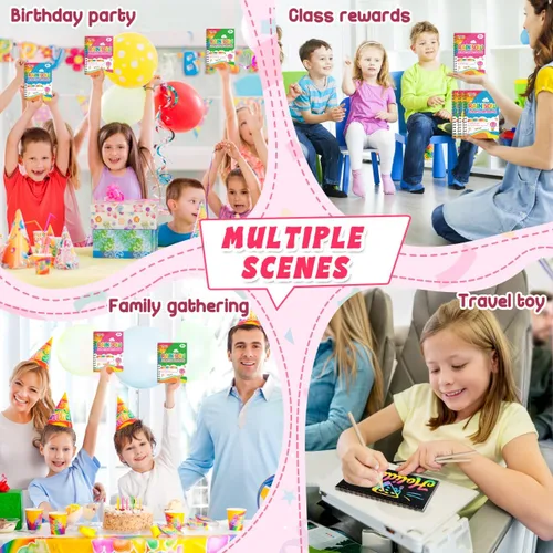 Vista 7 de Recuerdos de fiesta para niños: paquete de 4 cuadernos de arte de rascar arcoíris para estudiantes, regalos a granel para aula para niñas y niños