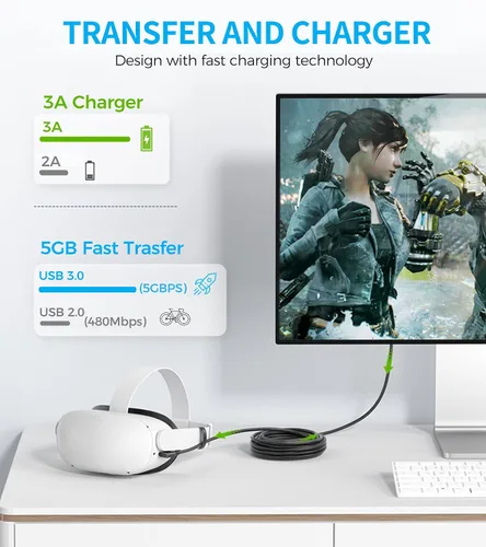 Vista 5 de YRXVW Cable de enlace de 10 pies para Oculus Quest 2Pro, cable de enlace para juegos de PC y vapor, cable de transferencia de datos de alta