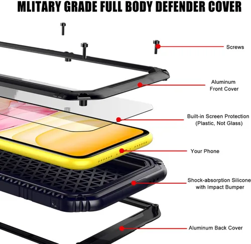 Vista 5 de Mitywah Funda impermeable para iPhone 11, resistente y duradera, de metal, protección de pantalla integrada, impermeable, a prueba de golpes, a Negro