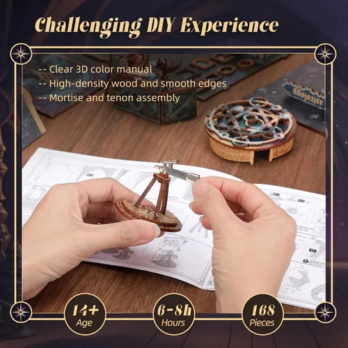 Vista 4 de FUNPOLA Kit de rompecabezas de madera 3D para rincón de lectura, estante con mapa estelar de astrología con luces LED, decoración