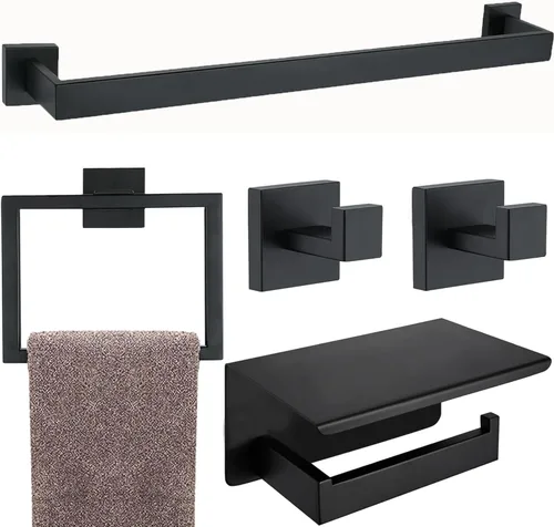 Vista 17 de Juego de 5 piezas de accesorios de ferretería para baño en negro mate, juego de toalleros cuadrados de 16 pulgadas para baño, juego de barras
