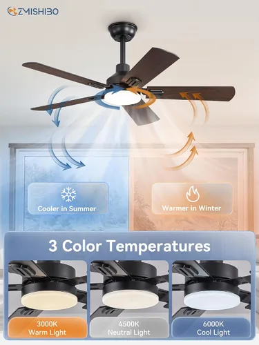 Vista 3 de ZMISHIBO Ventiladores de techo de 44 pulgadas con luces, ventilador de techo moderno negro con control remoto, ventilador de techo