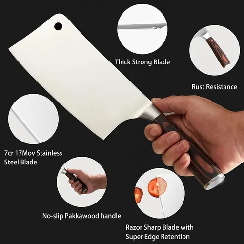 Vista 2 de Cuchillo de carnicero profesional de acero inoxidable 7CR17MOV de 7 pulgadas, mango ergonómico de madera de Pakka con afilador de cuchillos