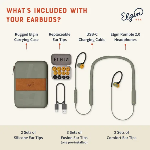 Vista 5 de Auriculares Bluetooth Elgin Rumble Gen 2, tapones inalámbricos con puntas Fusion 31 dB Noise Reduction, IP67 Waterproof, OSHA Compliant ANSI