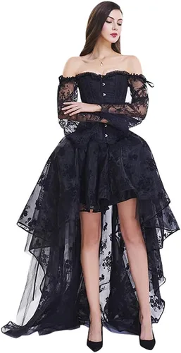Vista 4 de Kimring Top Corsé Victoriano Steampunk con Hombros Descubiertos para Mujer con Falda de Largo Asimétrico Overbust, Long Sleeves, 12 Plastic Boned