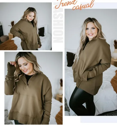 Vista 5 de SHEWIN Sudadera de gran tamaño para mujer, casual, con botones, cuello en V, con bolsillo
