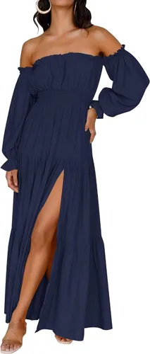 Vista 10 de ZESICA - Vestido largo, bohemio y sexy, con hombros descubiertos y manga larga fruncida, con elástico fruncido, cintura alta y abertura lateral