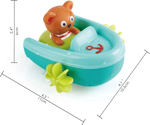 Vista 2 de Hape Juguete de baño de barco con retroceso de tubo, oso de peluche, juguete de baño flotante para remo de barco, juguete para bañera y ducha