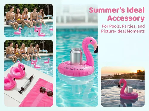 Vista 6 de Soporte inflable flotante para bebidas de flamenco, paquete de 12 posavasos flotantes para piscina, portavasos para latas de bebidas, tazas