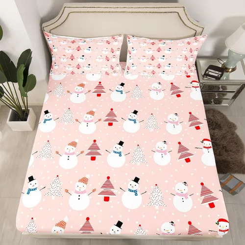 Vista 37 de Juego de sábanas con diseño de Papá Noel y muñeco de nieve para niños, niñas y niños, de temática navideña, juego de cama con diseño de árbol