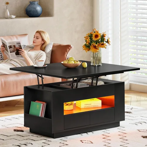 Vista 9 de CHOEZON Mesa auxiliar elevable de 40 pulgadas con 2 cajones, luces LED y almacenamiento, mesa central multiusos 4 en 1 con base flotante, para sala